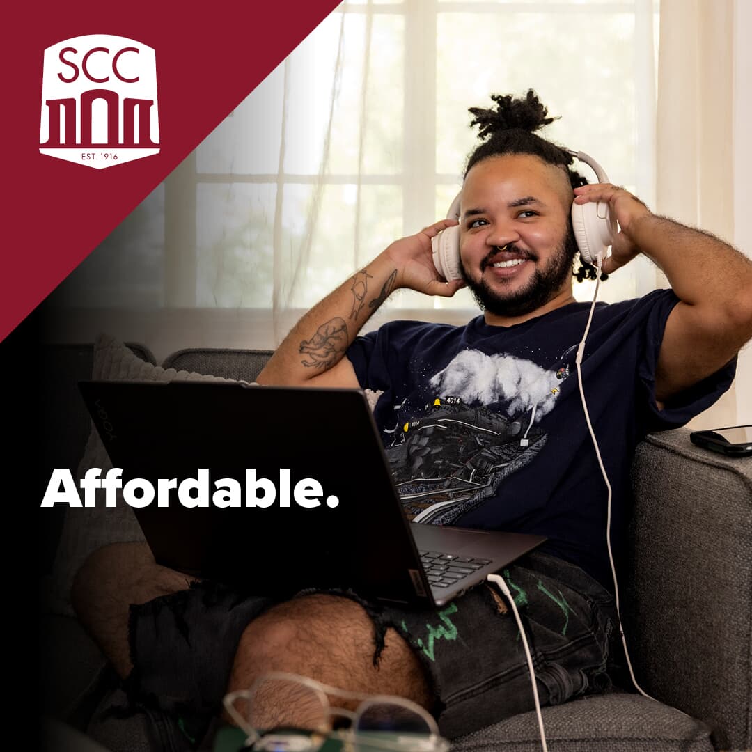 Text over photo of smiling man wearing headphones and looking at a laptop computer that says Affordable next to SCC logo