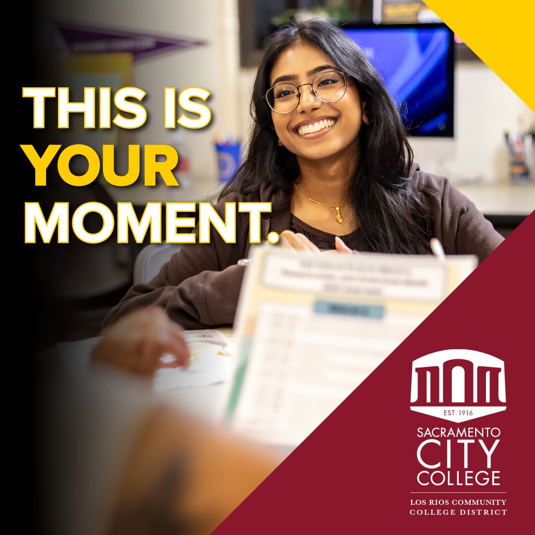 Text over photo of smiling woman sitting in a building that says This is your moment next to SCC logo