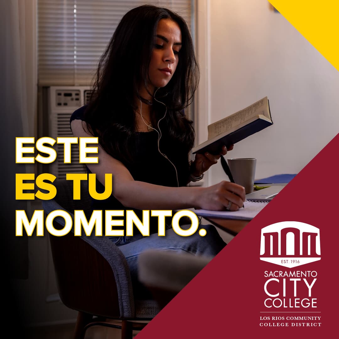 Text in Spanish over photo of serious woman with a book in her hand that says Este es tu momento next to SCC logo