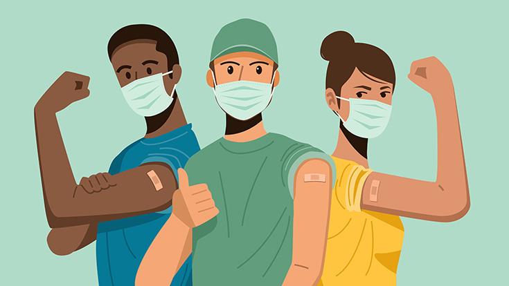 An illustration of three students showing off their vaccination band-aids
